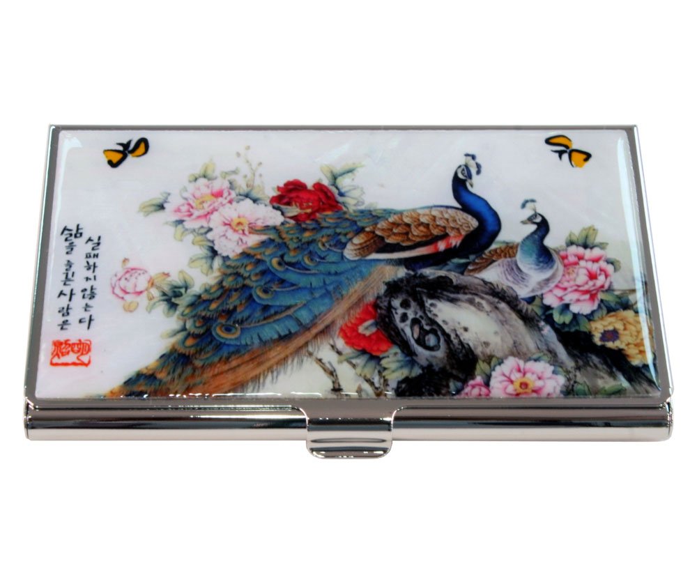 Antique Alive Mother of Pearl Peacock Pair Butterfly Peony Flower RFID Blocking Protection Business