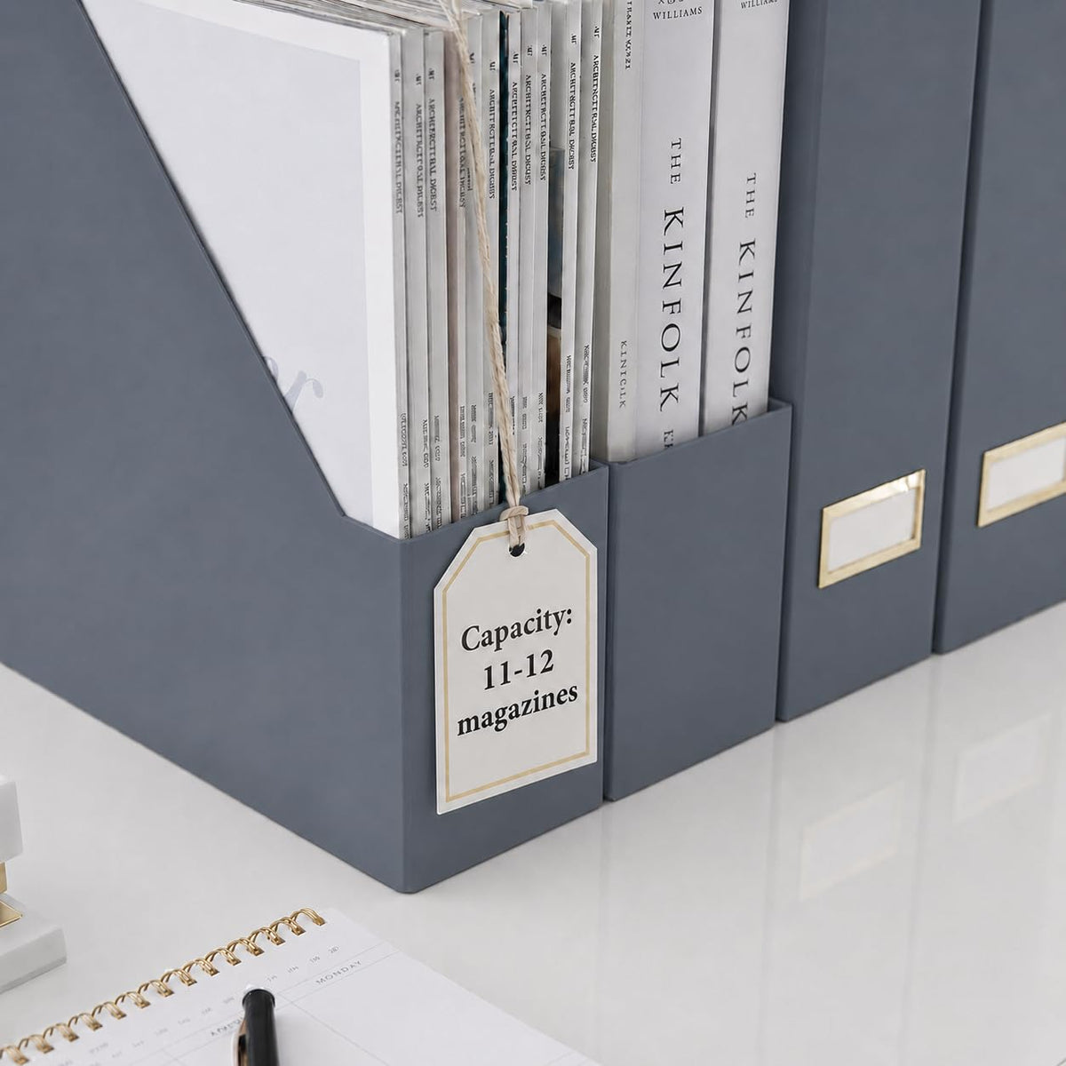 BLU MONACO | Set of 6 Foldable Grey Magazine File Holders with Gold Label Holders | Vertical File
