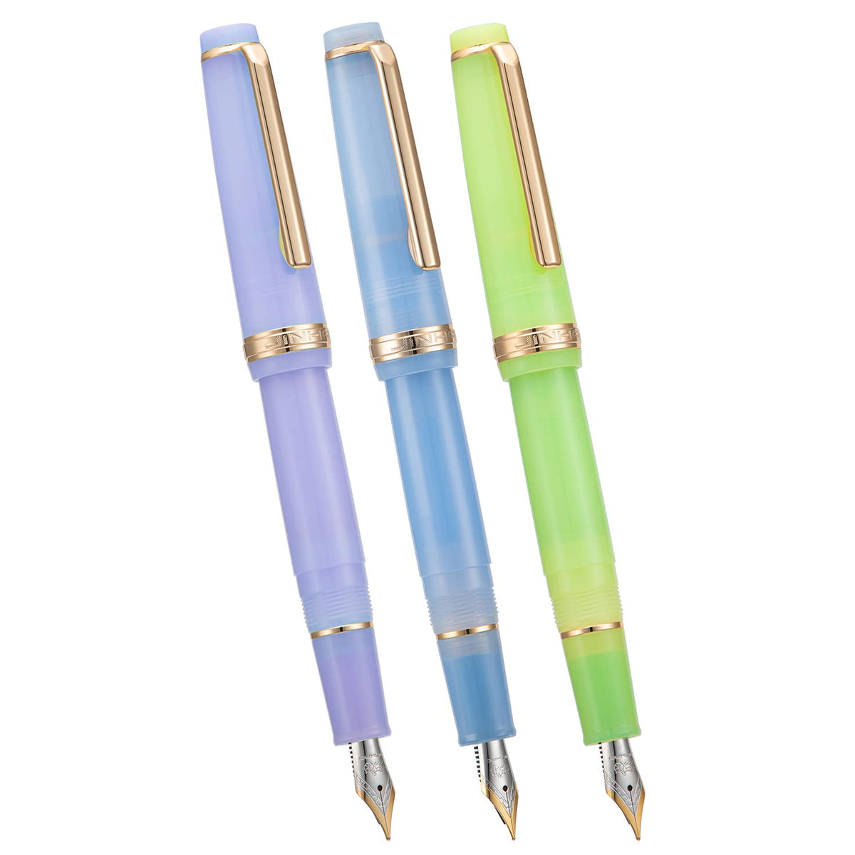 3 Jinhao 82 Fountain Pen Transparent Purple, Blue and Green Acrylic, Medium Point Gold Trim with