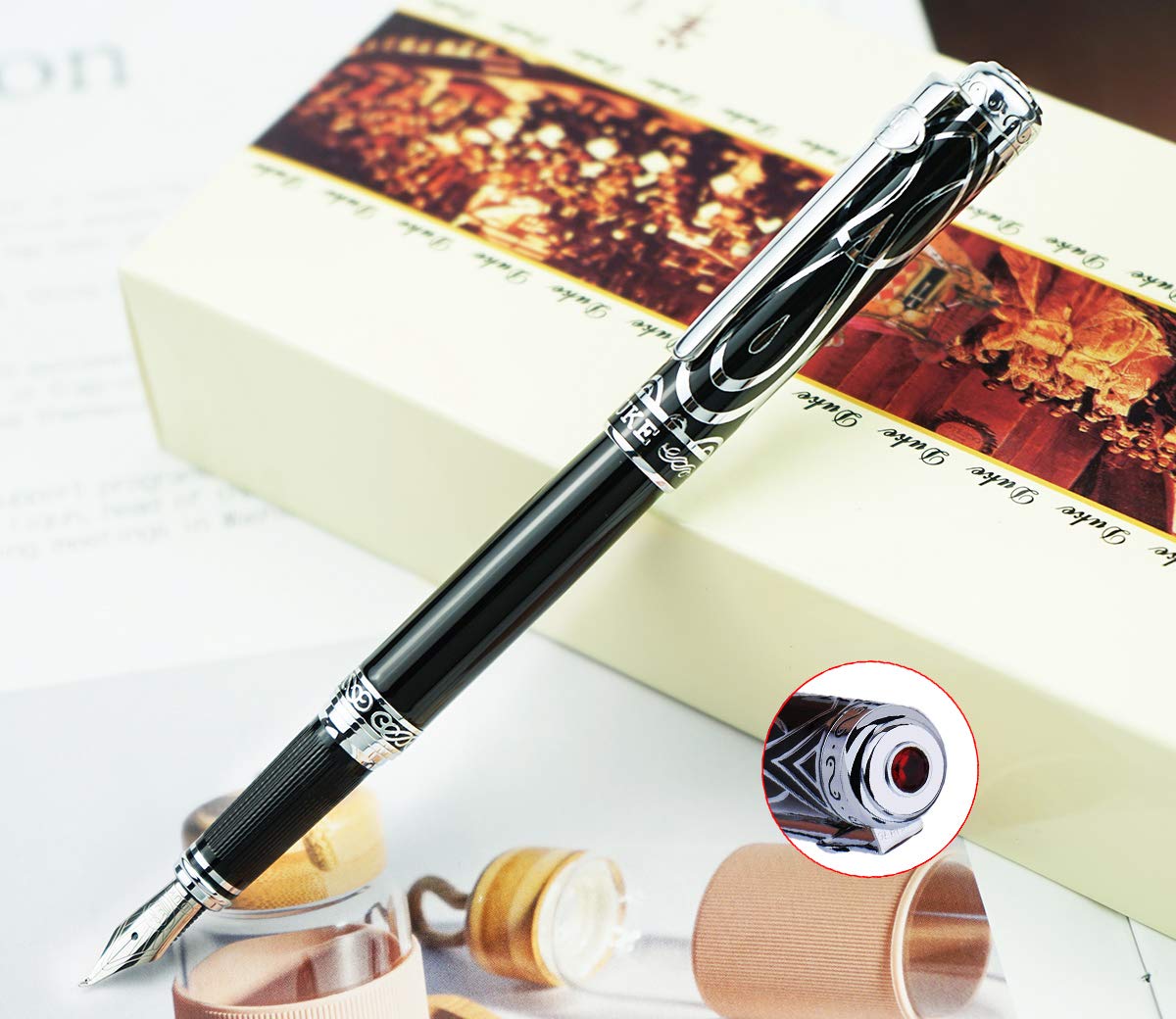 erofa Duke Ruby Black Fountain Pen Fude Nib with Original Gift Box, Iridium Bent Nib Writing Pen