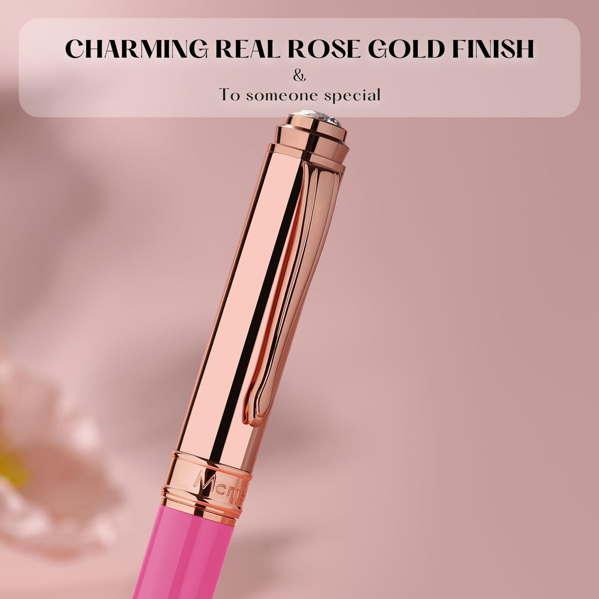 MCNTEIK Luxury Rollerball Pen, With 8mm Brilliant diamond,Vibrant Pink Pen,Attractive Real Rose