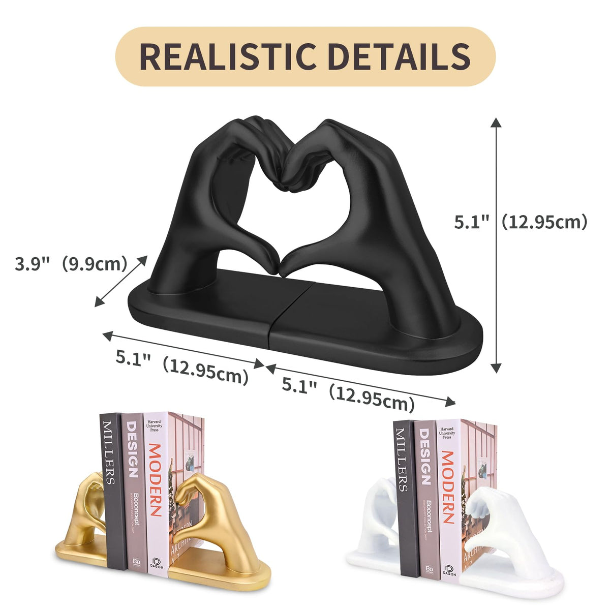 Black Decorative Bookends for Shelves, Heart Hands Book Ends Sculpture Aesthetic Decor for Bedroom