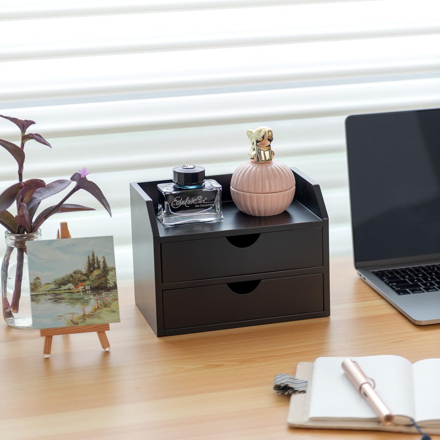 ROSE BLOOM Black Wood Desk Organizer with 2 Drawer, Mini Cute Cabinet with Storage Shelf for