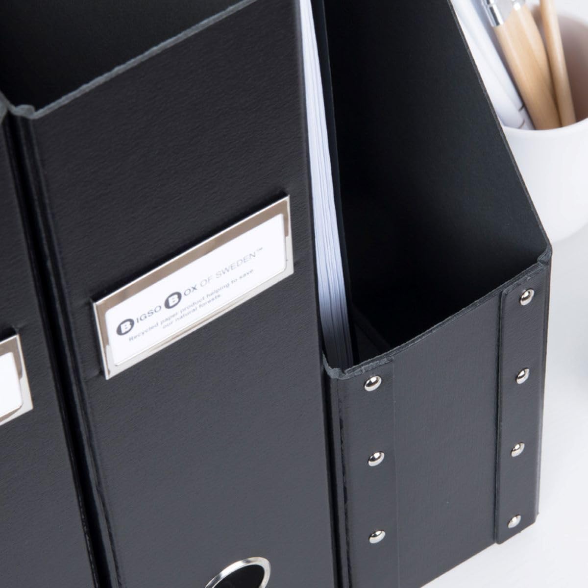 Bigso Fiona 3 Piece Fiberboard Upright Magazine Storage Boxes for Papers with Metal Label Holder