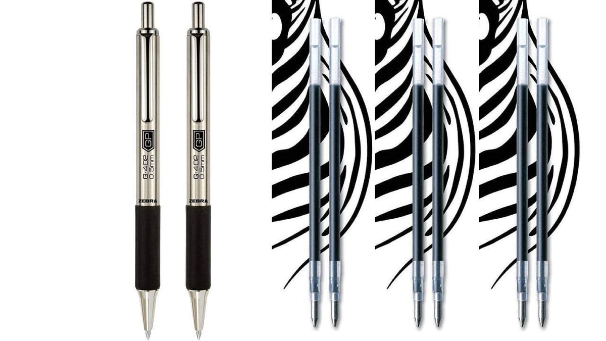 Zebra Pen G-402 Stainless Steel Retractable Gel Pen & Refills, Fine Point, 0.5mm, Black Ink, 2 Pens
