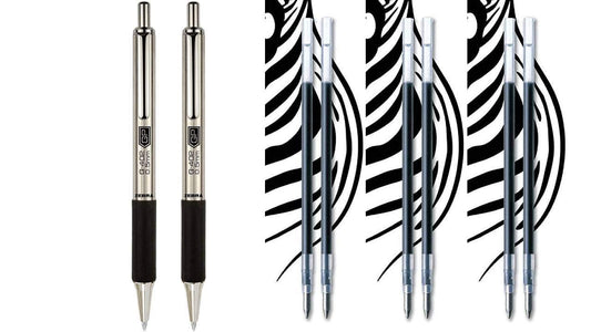 Zebra Pen G-402 Stainless Steel Retractable Gel Pen & Refills, Fine Point, 0.5mm, Black Ink, 2 Pens