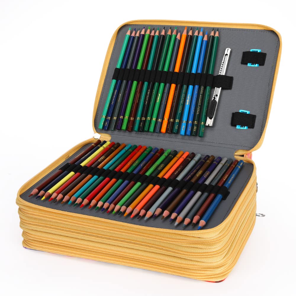 Vomgomfom 252 Slots Pencil Case 5-Layer PU Leather, Handle, Yellow Rose
