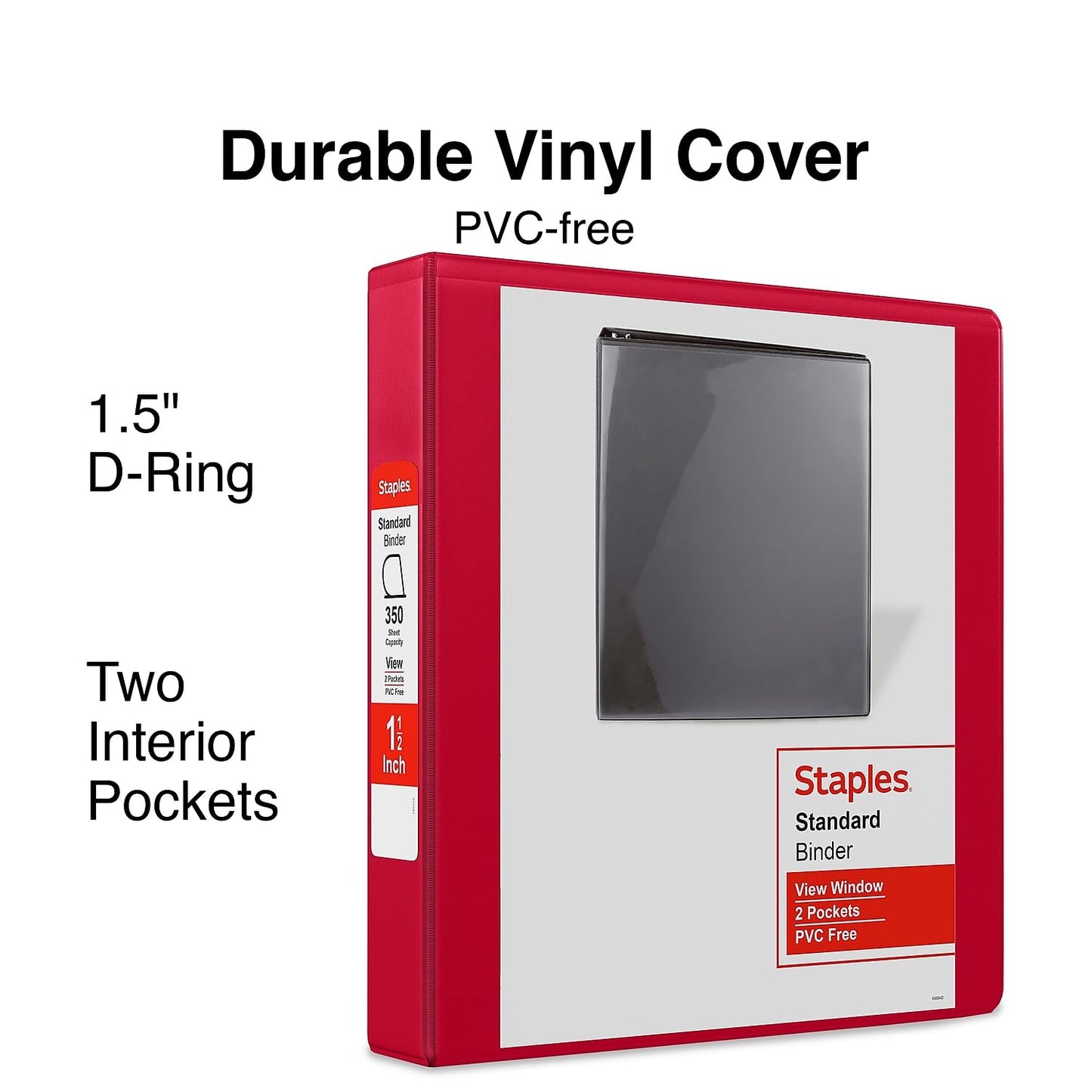 Staples Standard 1.5-Inch Round Ring View Binder, Red, 300 Sheets