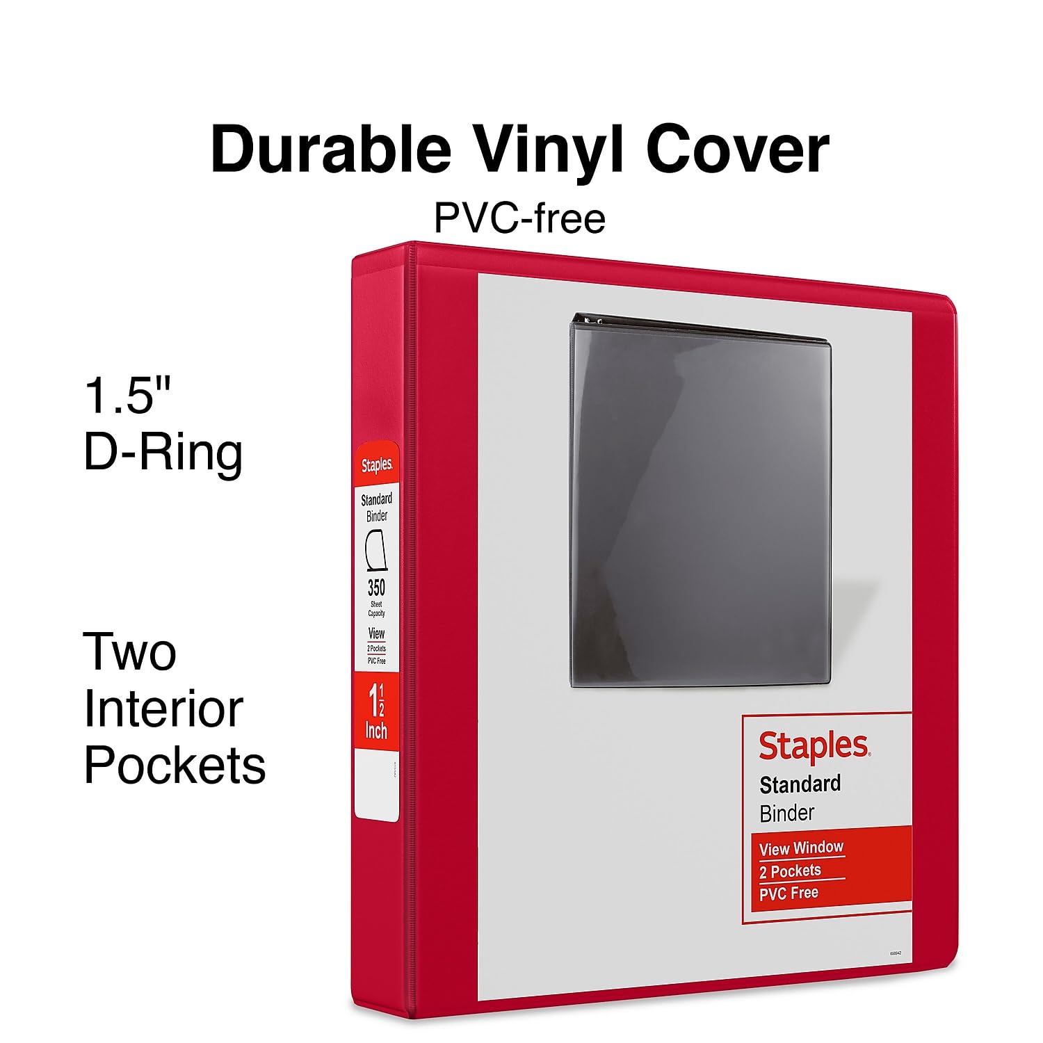 Staples Standard 1.5-Inch Round Ring View Binder, Red, 300 Sheets