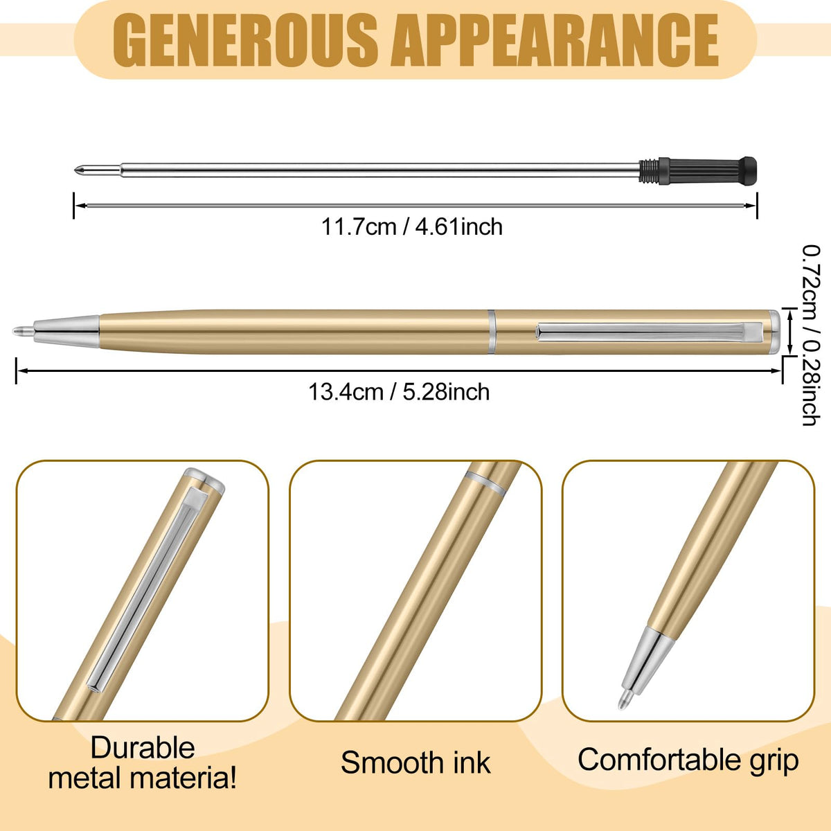 Zonon 50 Pcs Champagne Gold Metal Slim Ballpoint Pens Bulk, 1mm Black in
