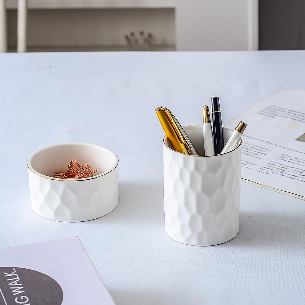 Aesthetic Desk Organizer Set of 2 For Office, Ceramic Pen Holder and Paper Clip Holder Dispenser