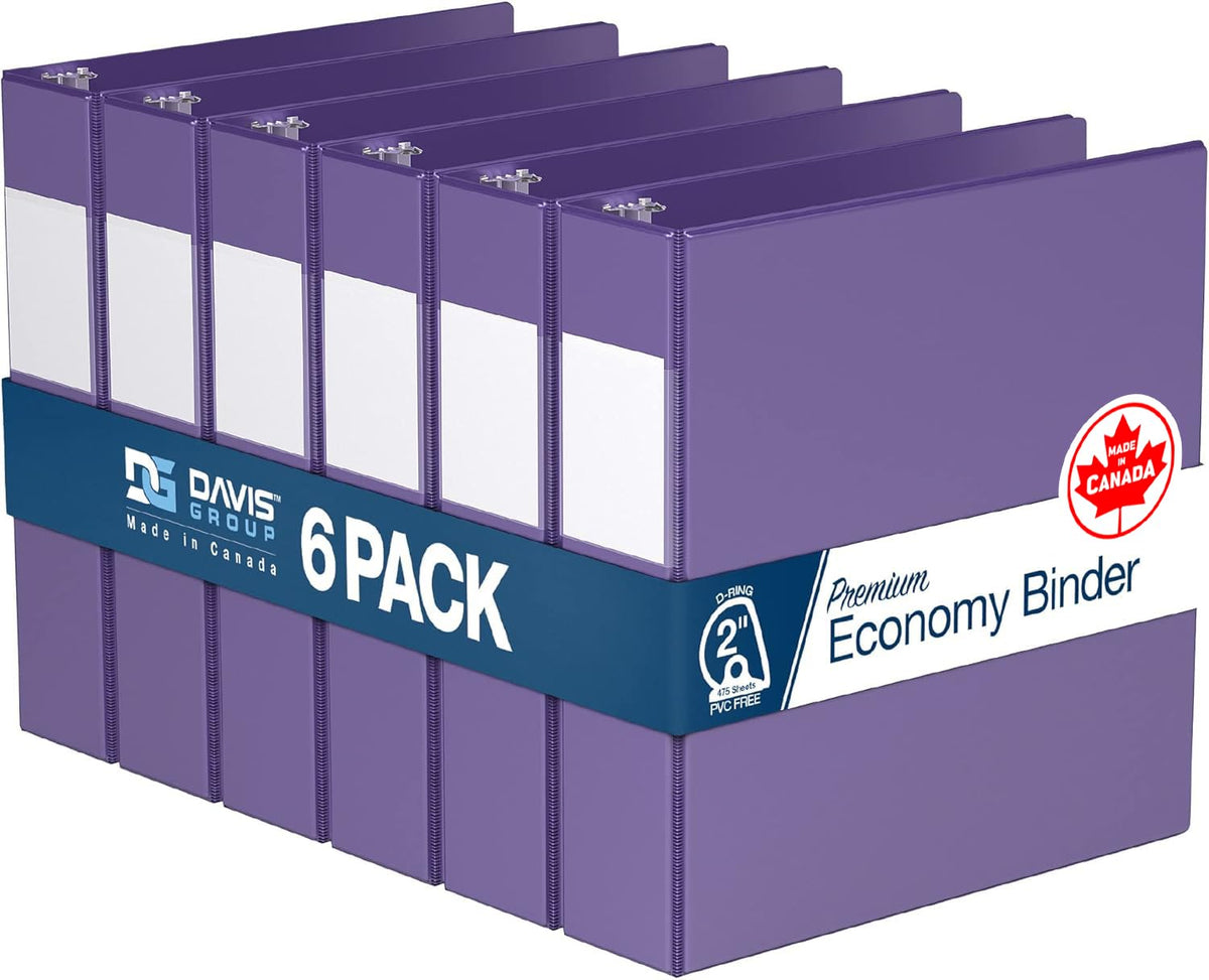 Premium Economy 3-Ring Binder, Spine Label, 2" D Rings, Purple, 6 Pack