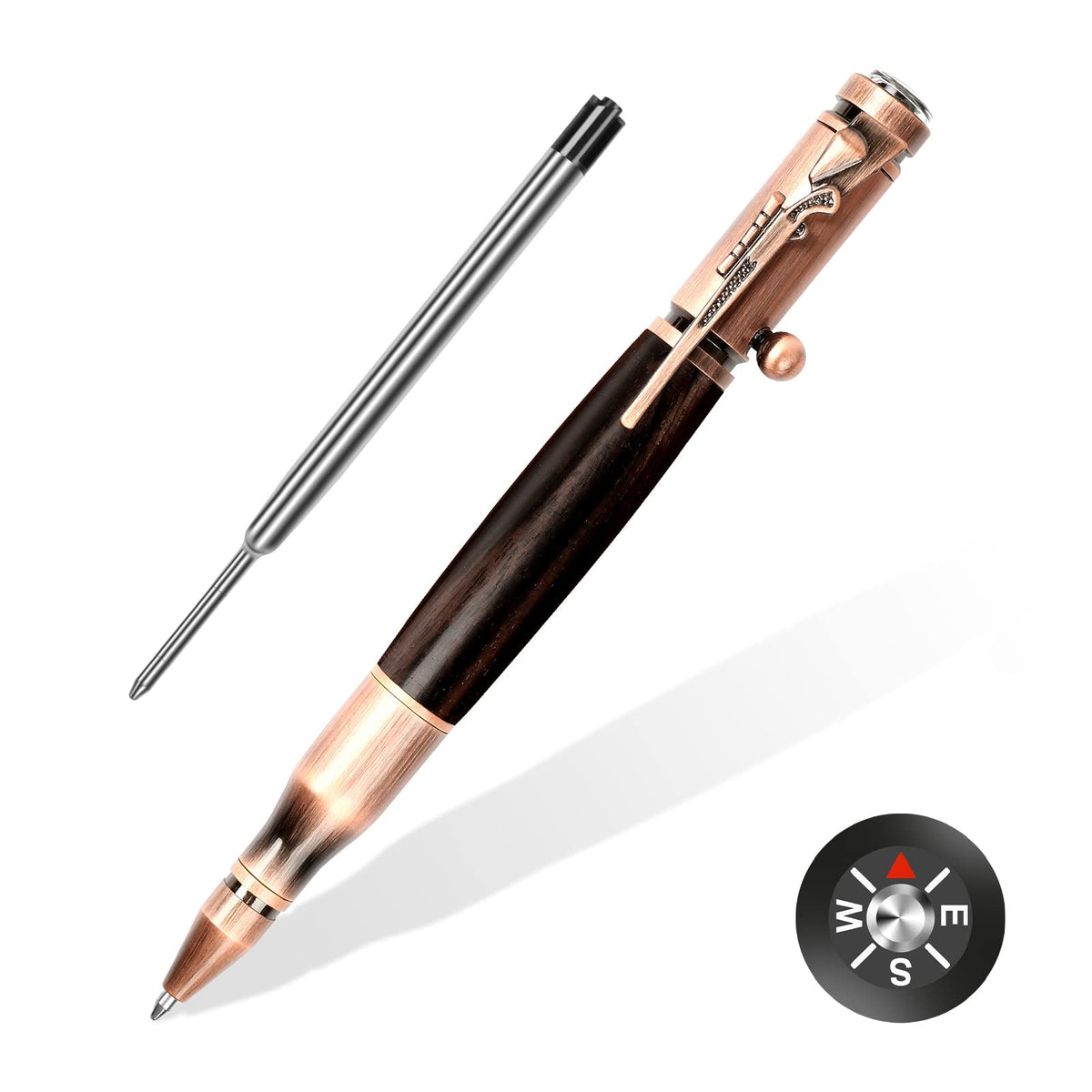 SHALORY Bolt Action Pen with Compass & Extra Refill,Birthady Gift Cool Gadgets for Men Wooden