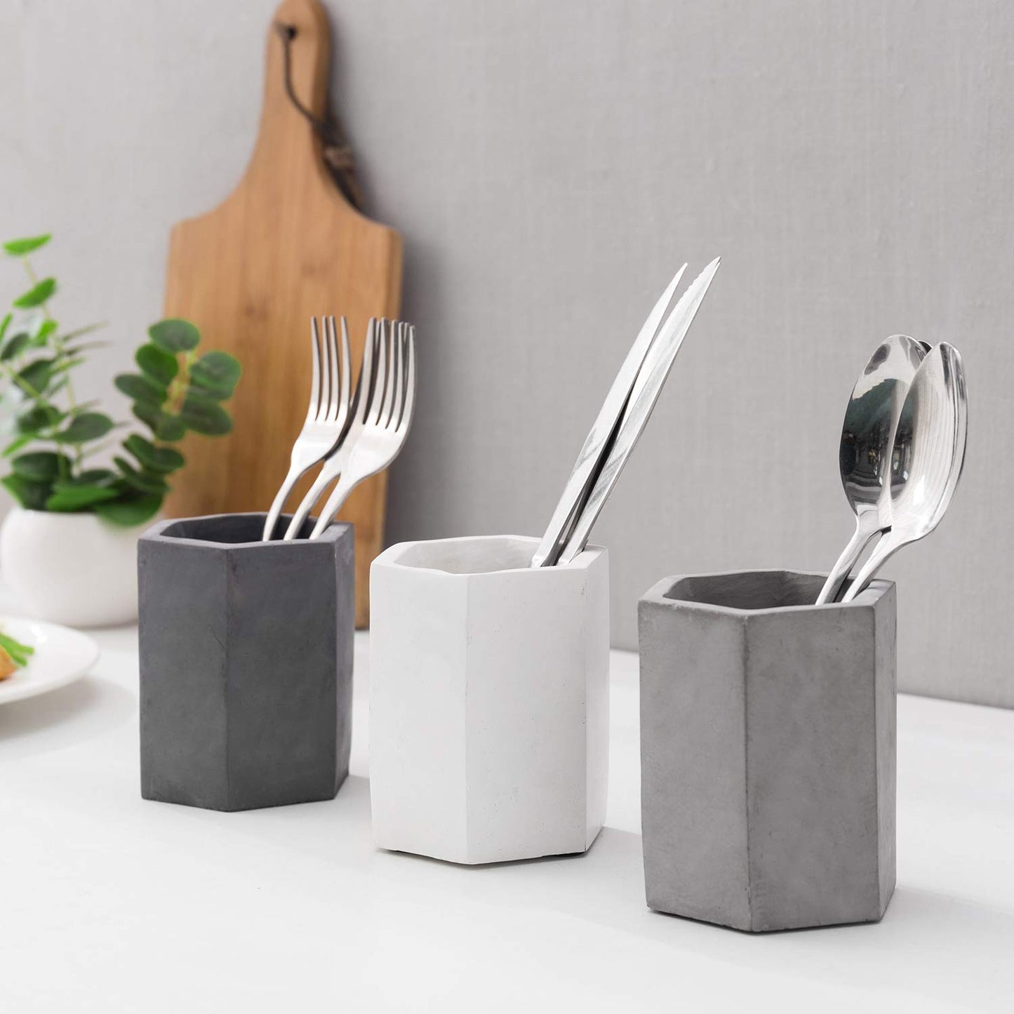 MyGift Cement Hexagon Pen Holders, Desktop Pencil Cups, Set of 3