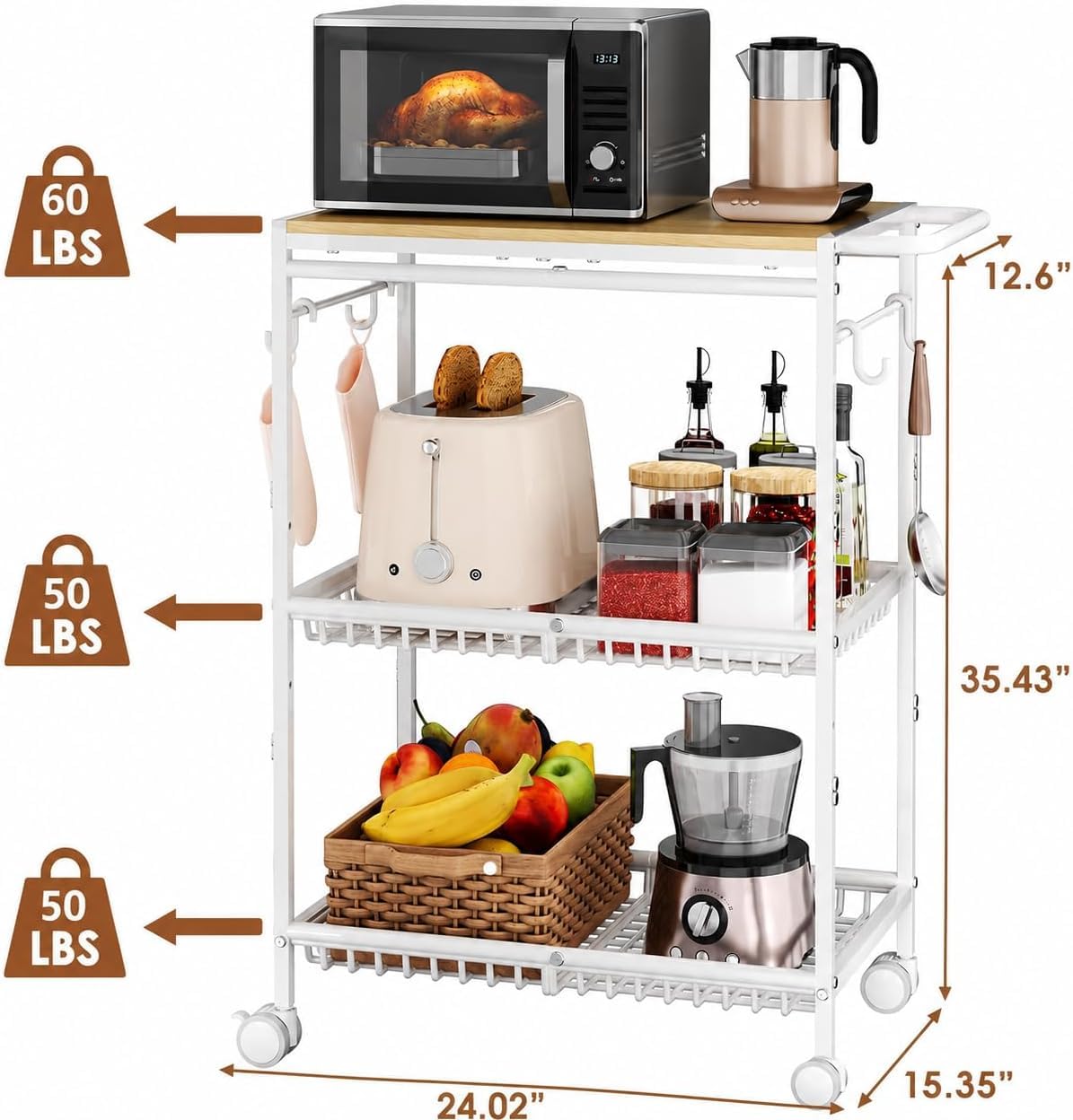 Pkuyres Microwave Kitchen Cart, White Kitchen Shelf with Push Handle, 3 Tier Rolling Microwave