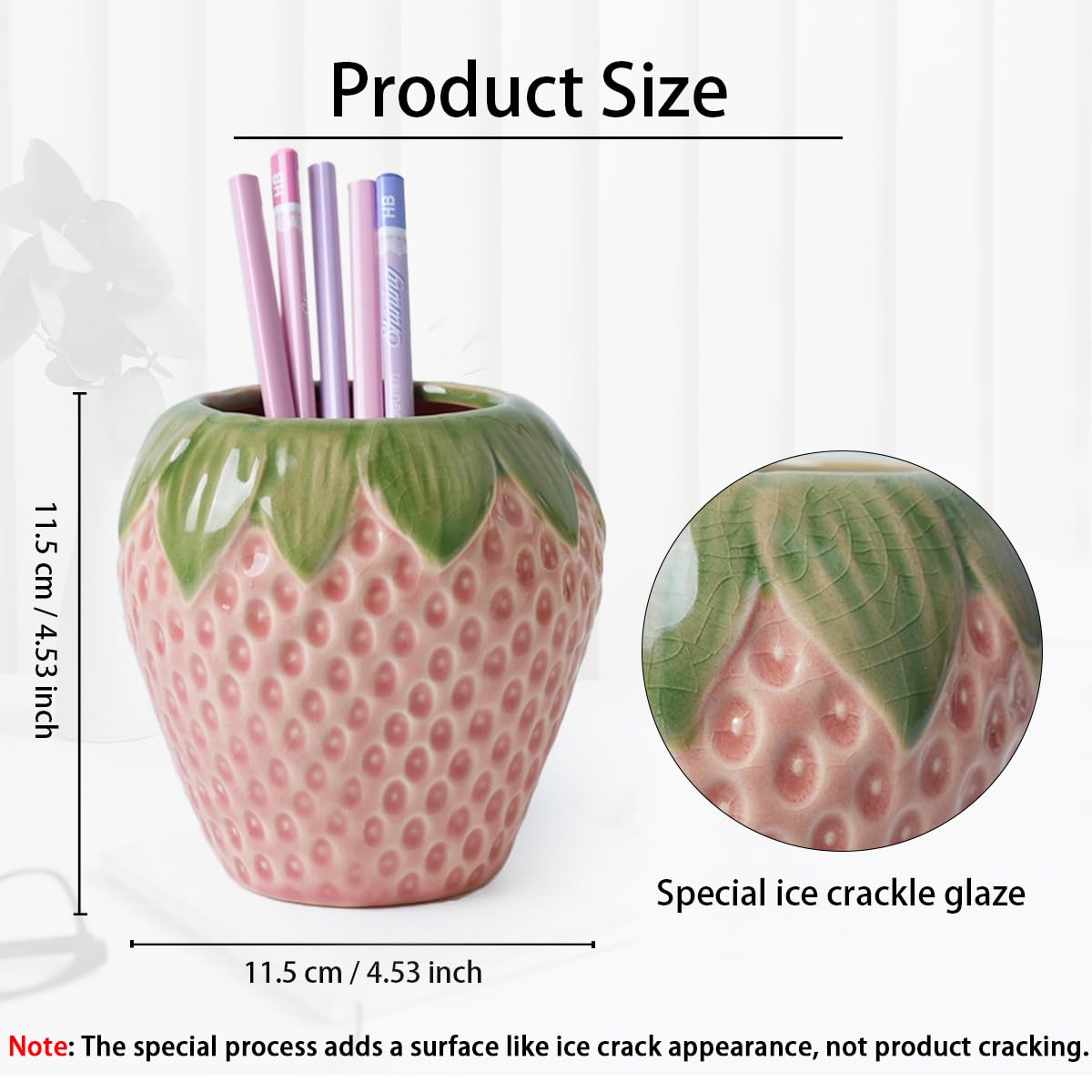 Sixbaole Pink Strawberry Ceramic Pencil Holder for Desk, Cute Office Decor
