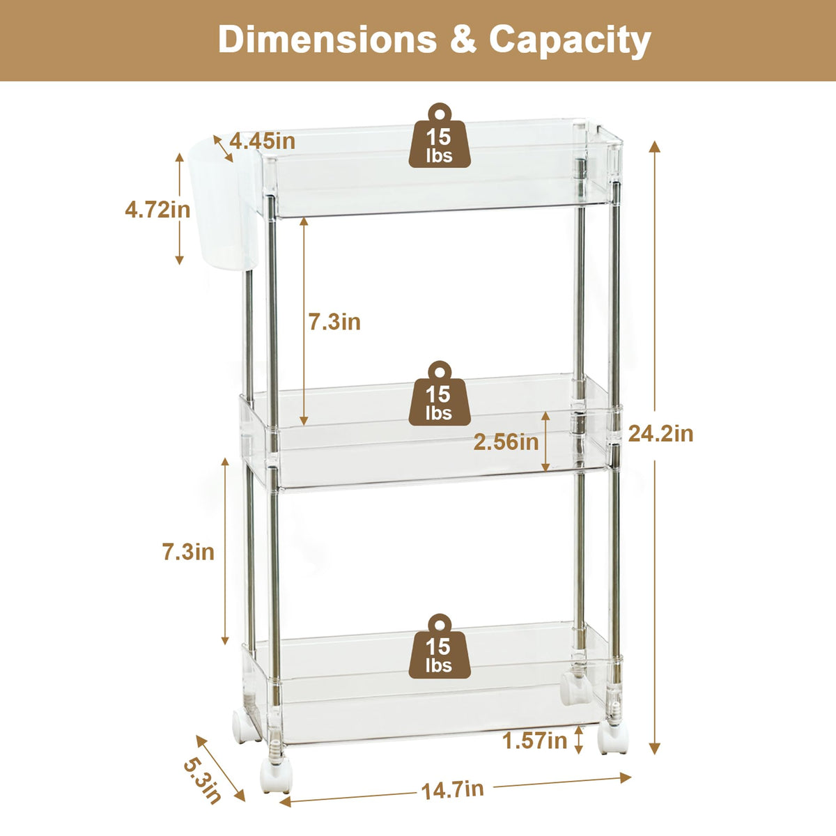 VECELO 3-Tier Acrylic Rolling Cart, Utility Cart for Kitchen Storage, Mobile Shelves Slide-Out