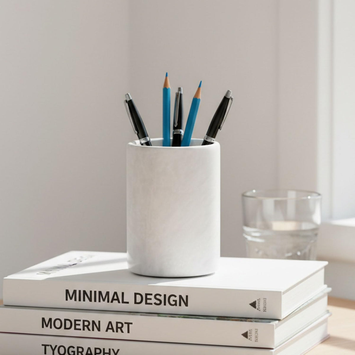 Radicaln Marble Pen Holder For Desk 4" Inches White Handmade Marker & Pen Holder for Desk