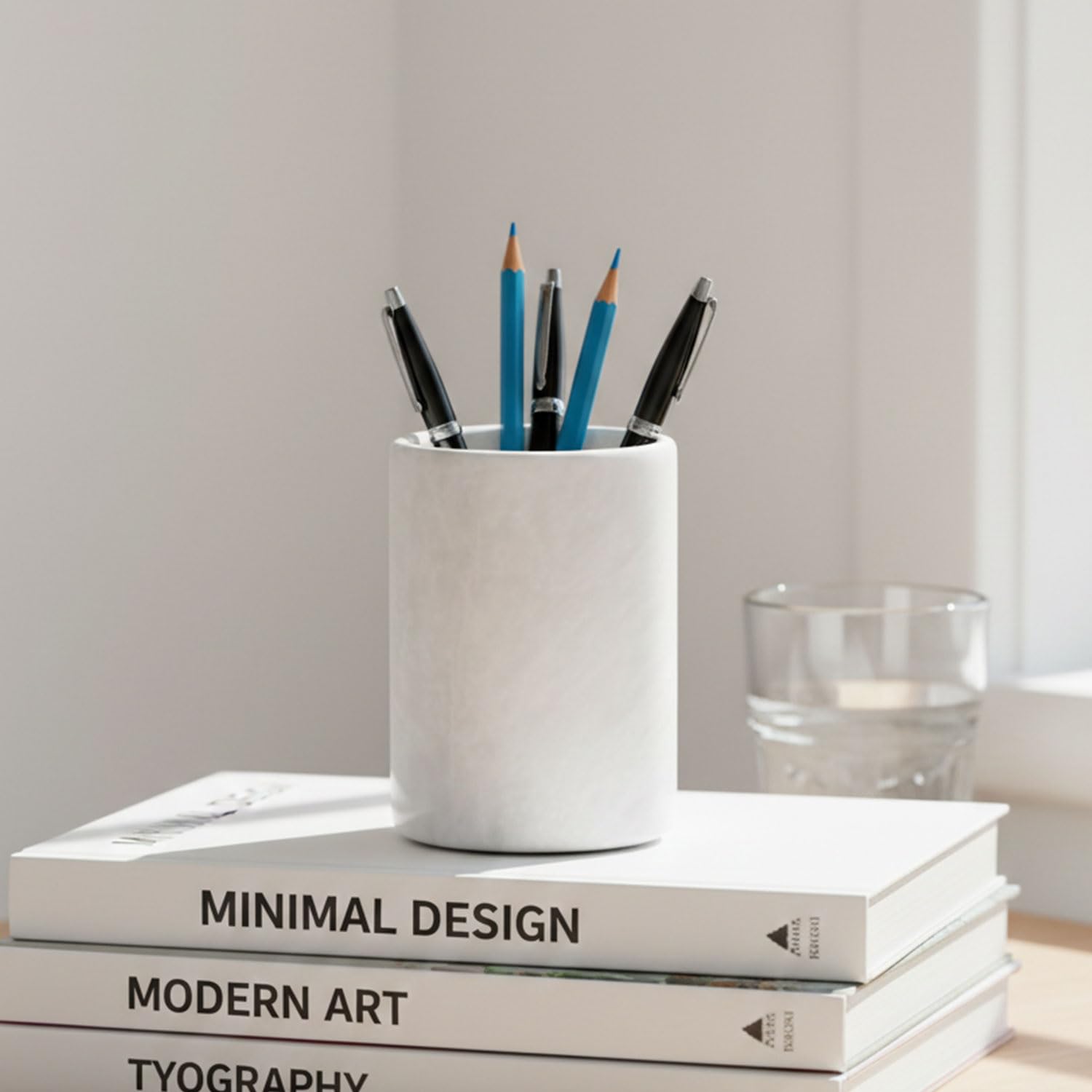 Radicaln Marble Pen Holder For Desk 4" Inches White Handmade Marker & Pen Holder for Desk