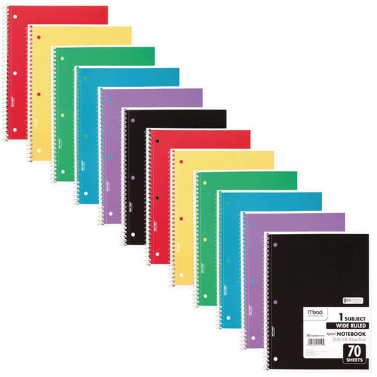Mead Spiral Notebook, 12 Pack, 1 Subject, Wide Ruled Paper, 7-1/2" x 10-1/2", 70 Sheets per