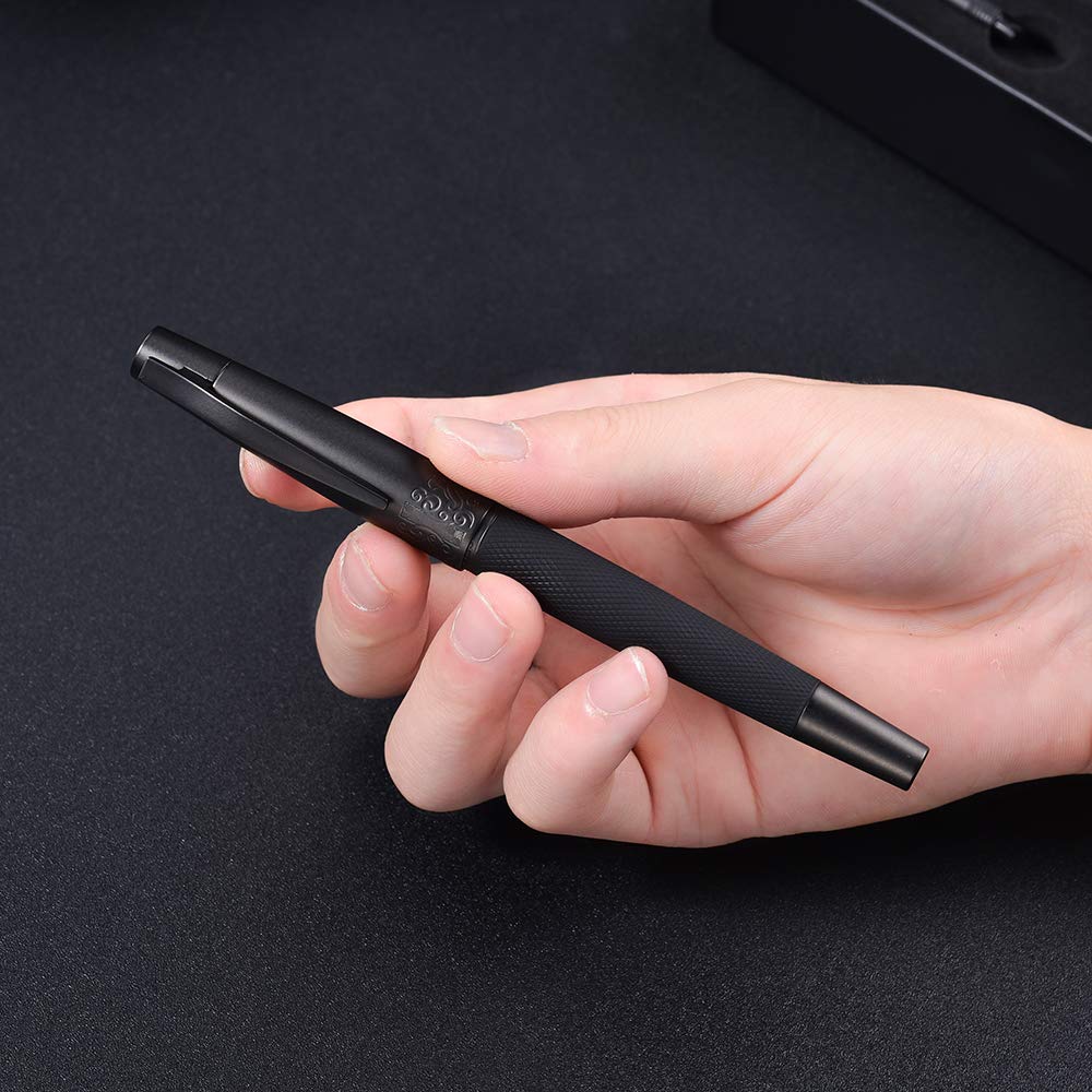 Hongdian 6013 Pure Black General Fountain Pen, PVD Coated Black Medium Nib Solid Metal Pen with