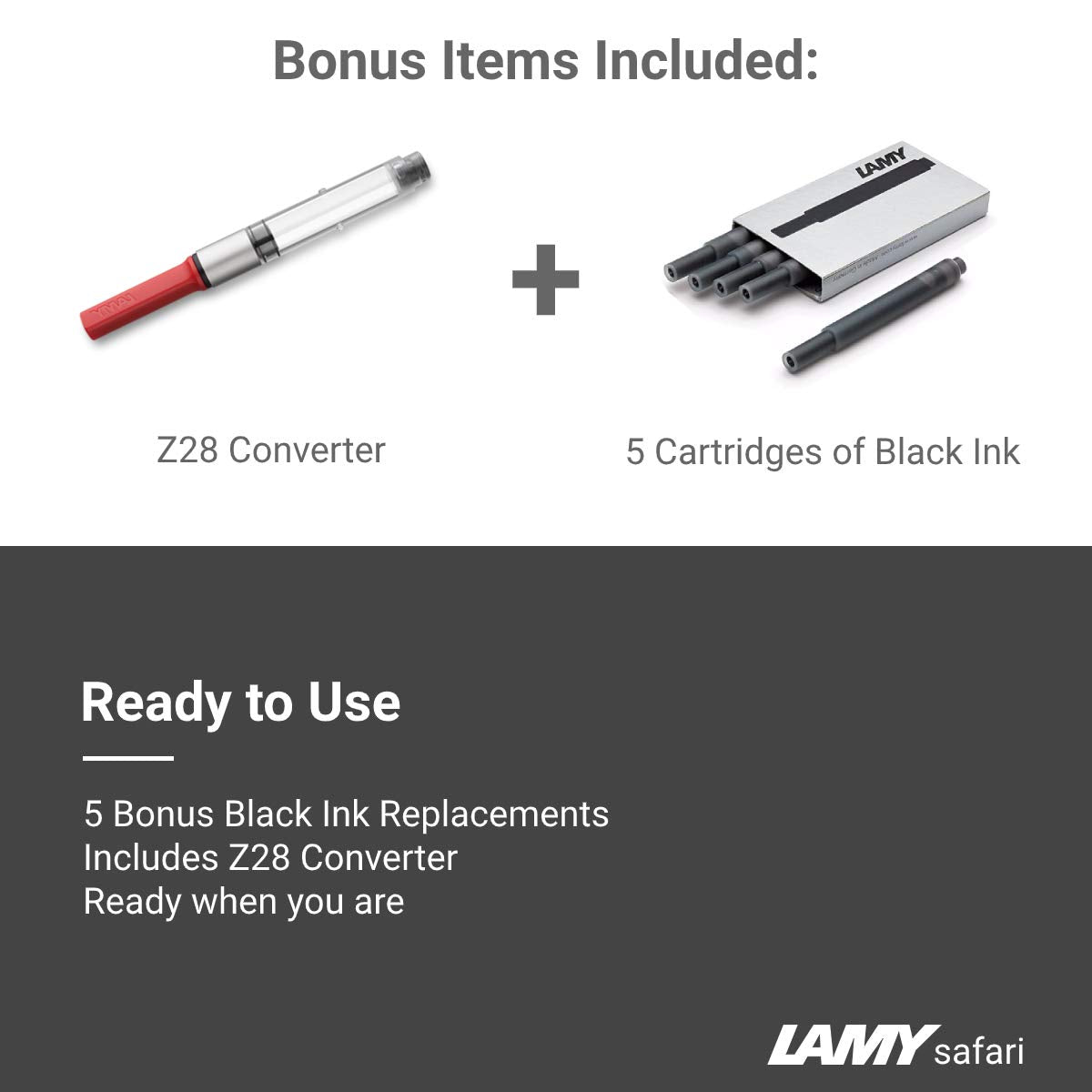 Boxiti Set - Lamy Safari Fountain Pen Charcoal, Fine Nib | 5 Black Ink Cartridges, Z28 Converter