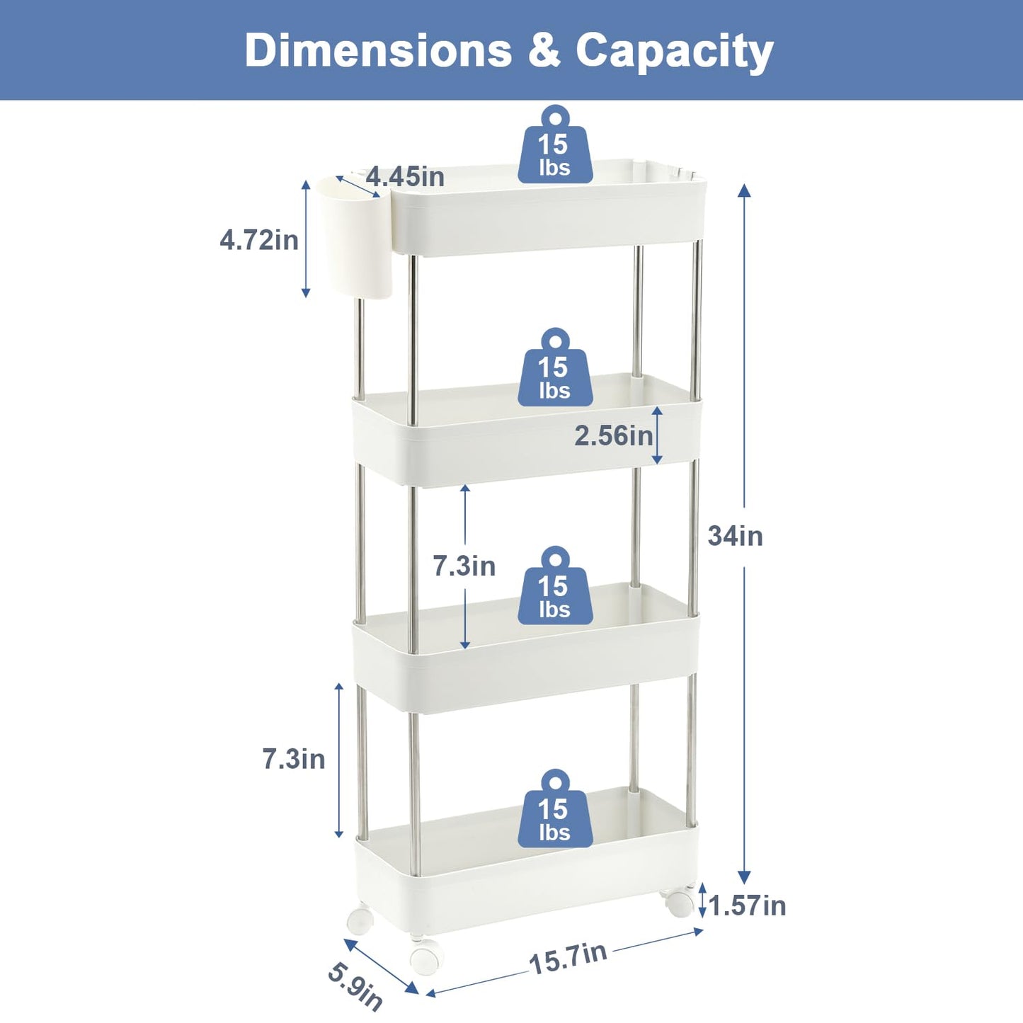 VECELO Storage Rolling Cart, 4 Tier Utility Cart Kitchen Slim Mobile Storage Unit Organizers with