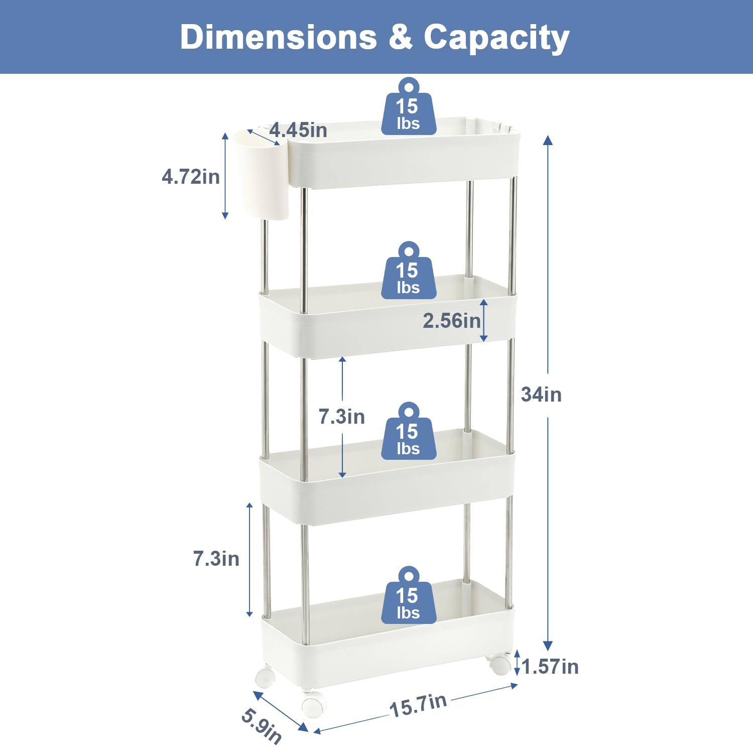 VECELO Storage Rolling Cart, 4 Tier Utility Cart Kitchen Slim Mobile Storage Unit Organizers with