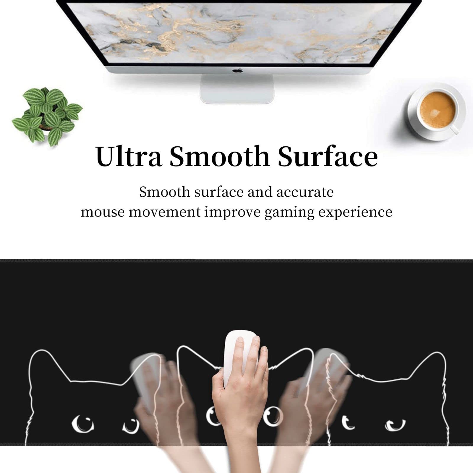 Cute Black Cat XXL XL Large Gaming Mouse Pad for Desk, Non-Slip Long Extended Keyboard Pads