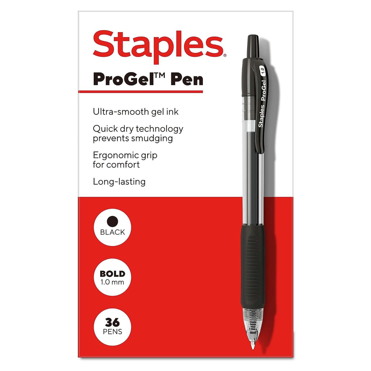 Staples ProGel Retractable Gel Pens, Bold 1.0mm, Black Ink, 36-Pack