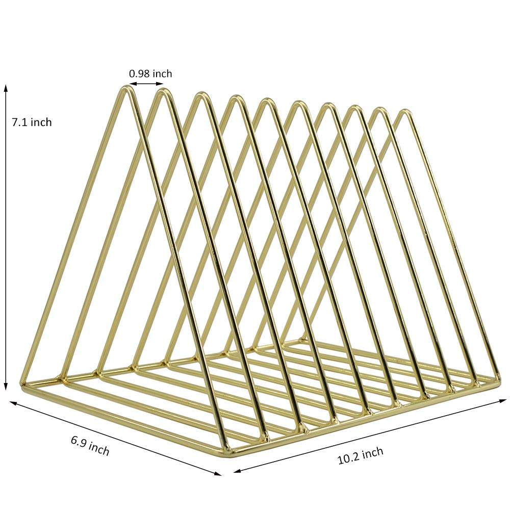 EASEPRES Gold File Holder Organizer, Triangle Record Album Holder Magazine Wire Rack, 9 Slot