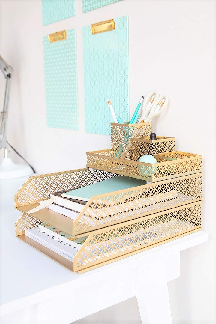 BLU MONACO | Gold Desk Organizer Set for Women 6 Piece | Mail Sorter Organizer Countertop with