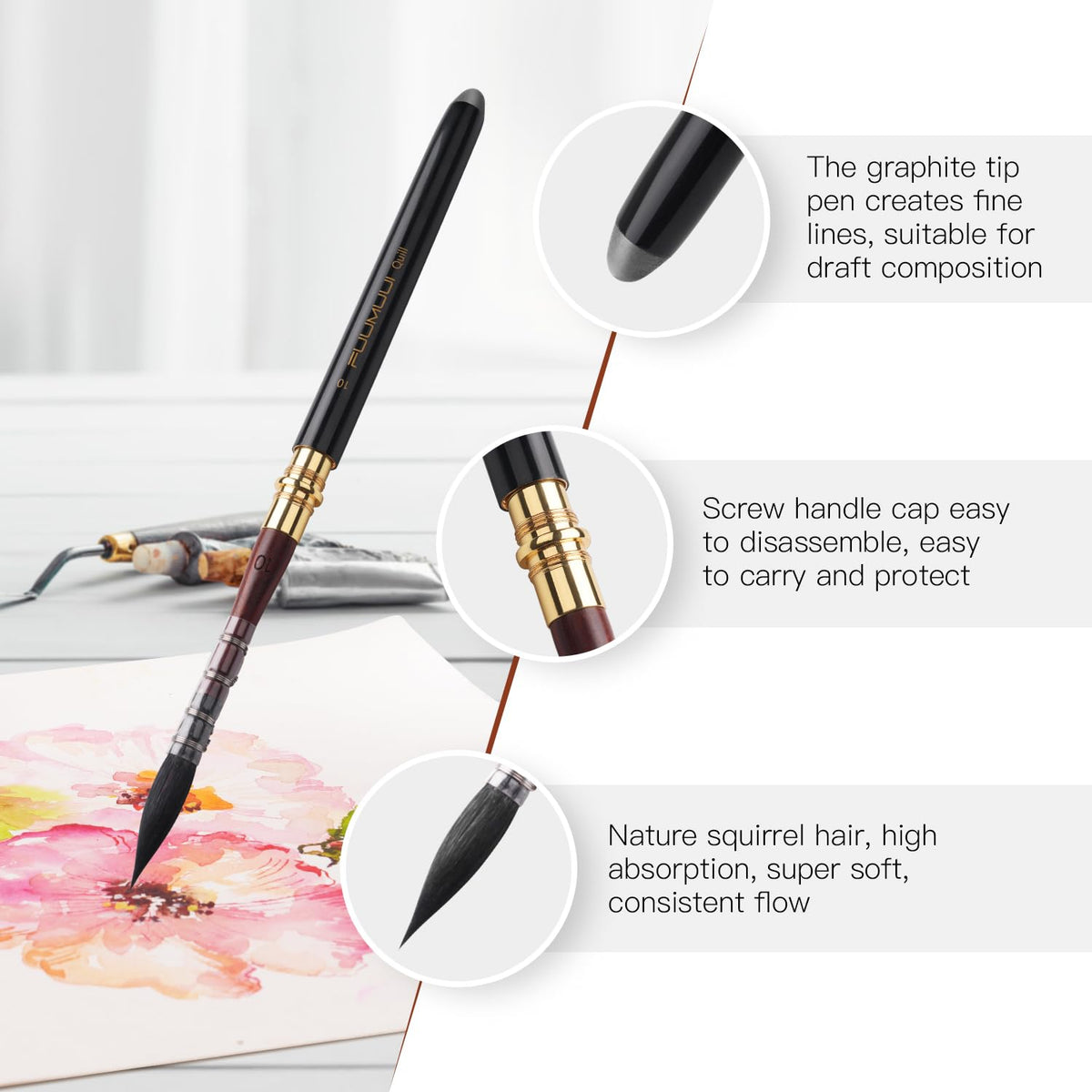 Travel Watercolor Brushes, Fuumuui Professional 6pcs Natural Soft Squirrel Hair Watercolor Travel