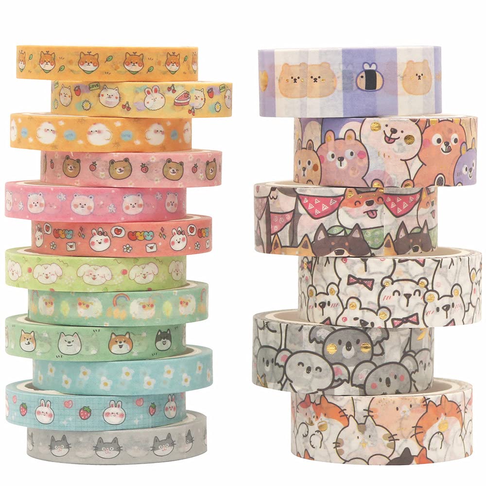 YUBX Cute Pets Washi Tape Set 18 Rolls Skinny Gold Embellishment Decorative Masking Tapes for Arts