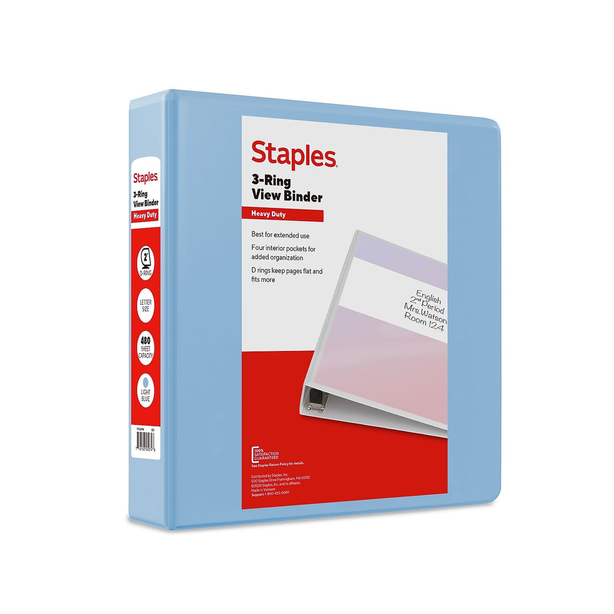 Staples Heavy-Duty 2-Inch 3-Ring View Binder, D-Ring, Light Blue