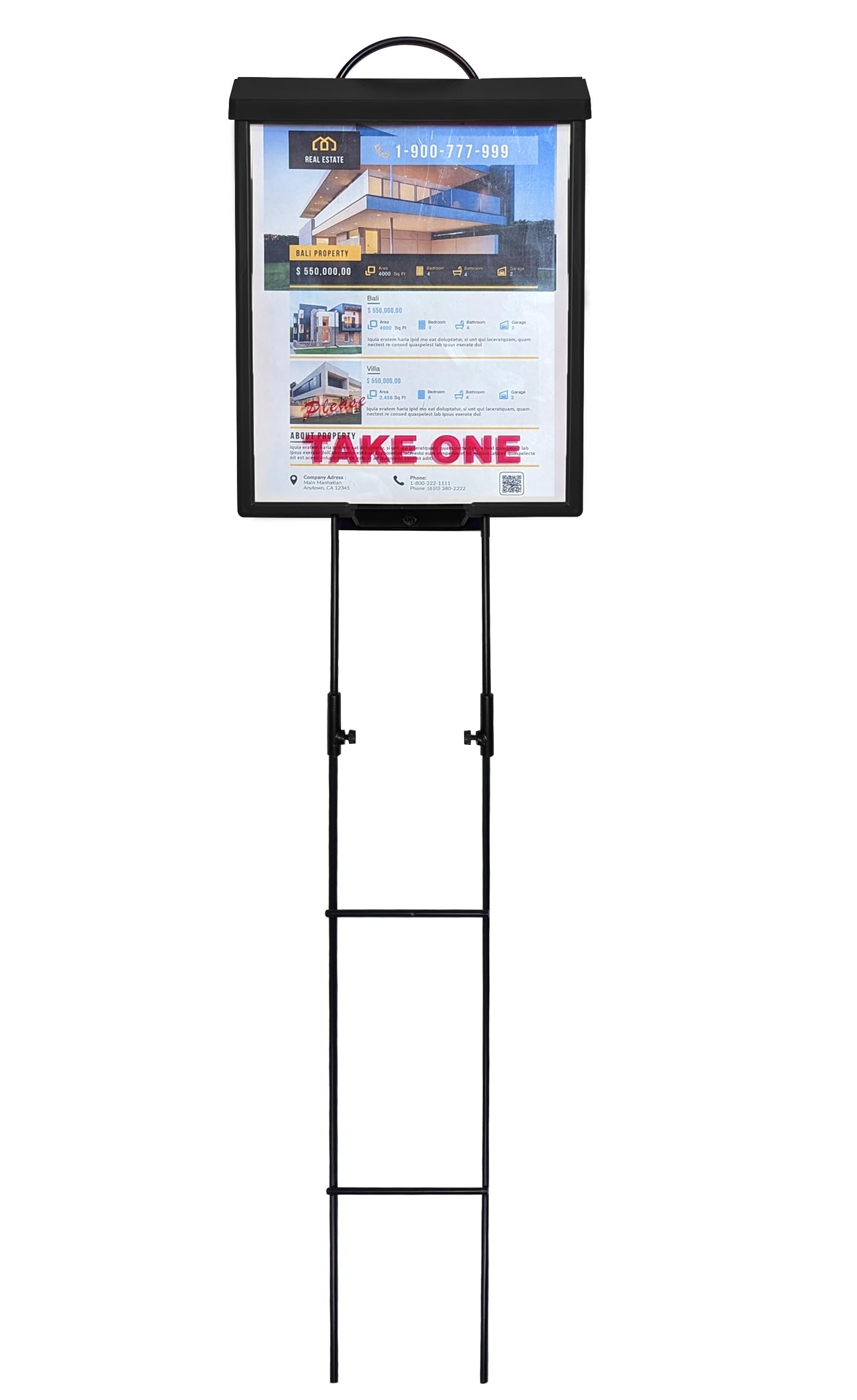 Outdoor Real Estate Brochure Box with Portable Two-Piece Metal Yard Stand Holds 250 Flyers, 60