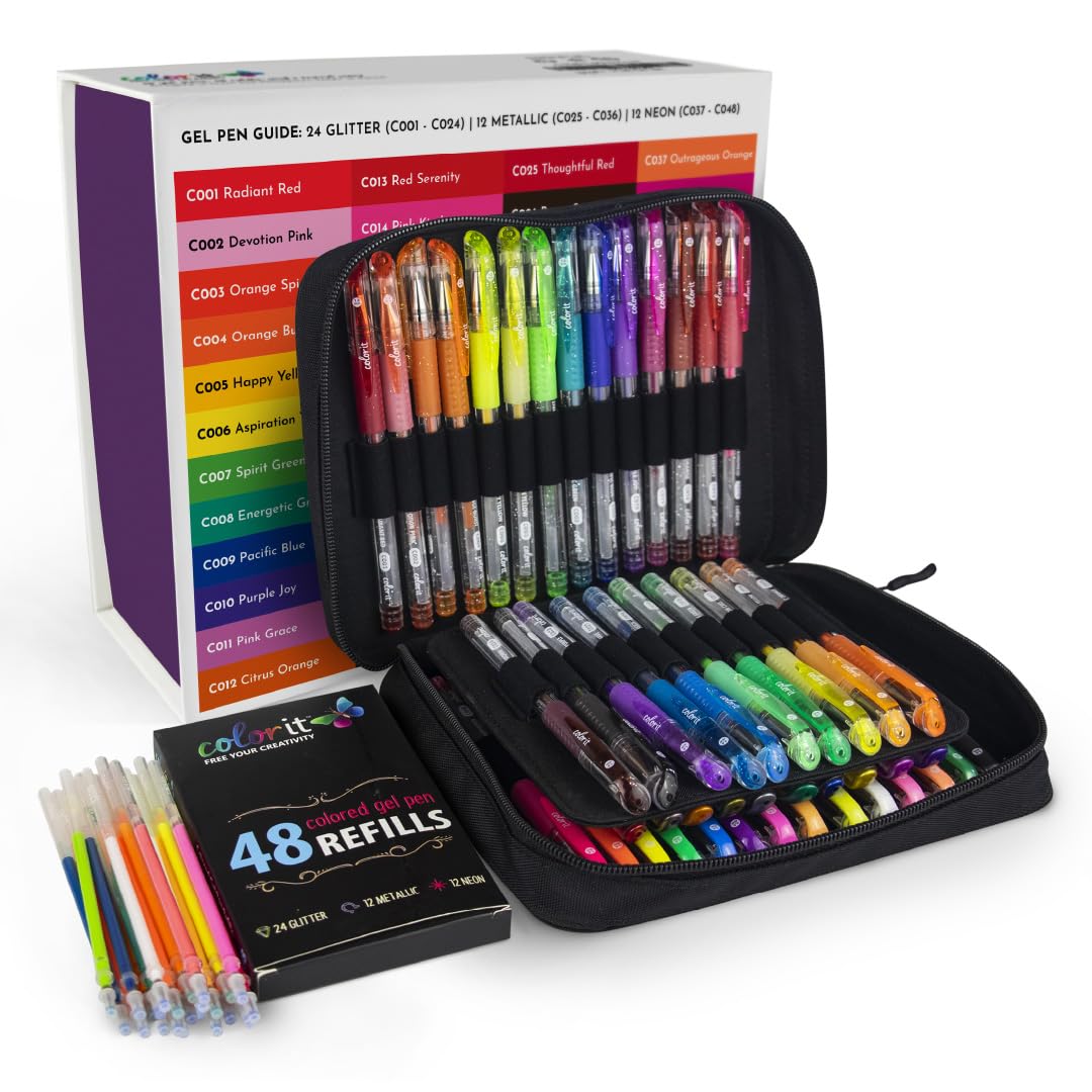 ColorIt Gel Pens for Adult Coloring – 96 Pack with 48 Premium Gel Pens & 48 Refills with 1 Travel