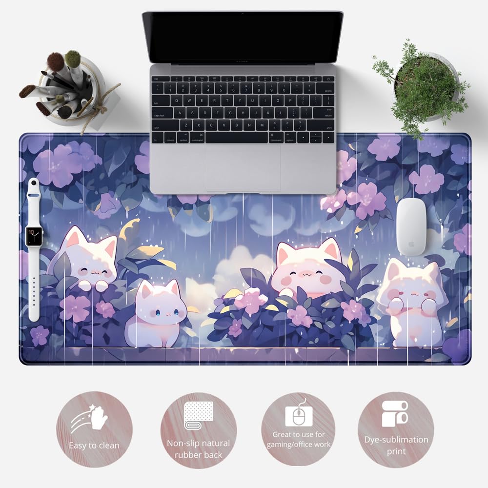 Kawaii Cat Desk Mat XXL Extended Purple Gaming Mouse Pad Large Mousepad