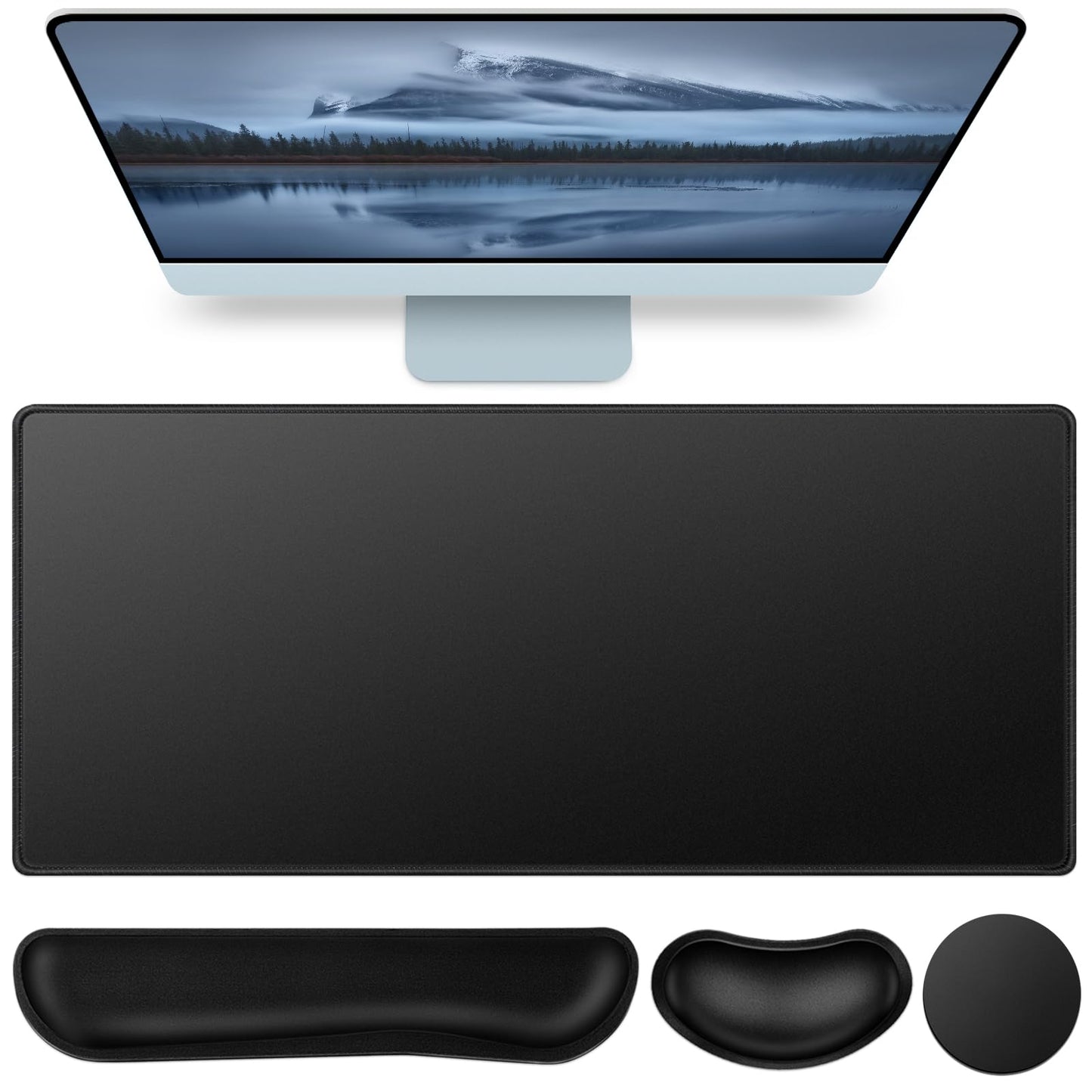 Mouse Pad Black, Mouse Pad with Wrist Rest, 4-in-1 Large Mousepad Keyboard