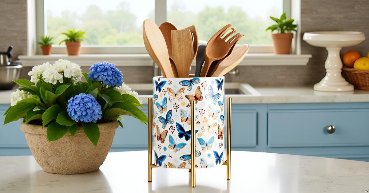 SIEBOLD Pencil Cup Sturdy Metal frame with white Ceramic Pen Holder For Desks and kitchen Appliance