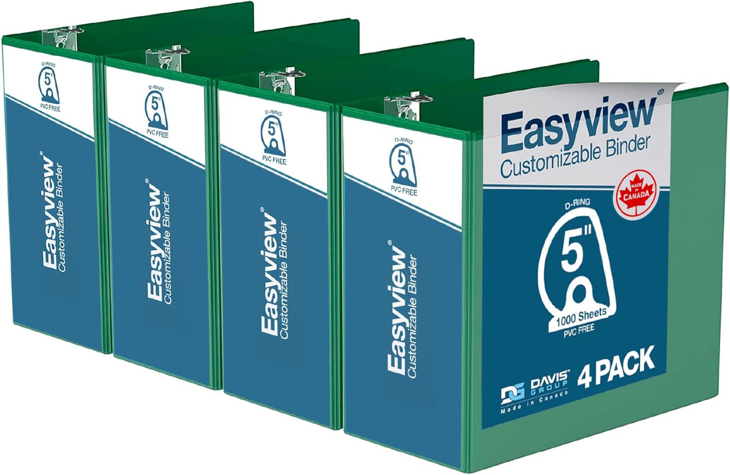 Easyview 3-Ring Binder, Clear-View Cover, 5" D Rings, Green, 4 Pack