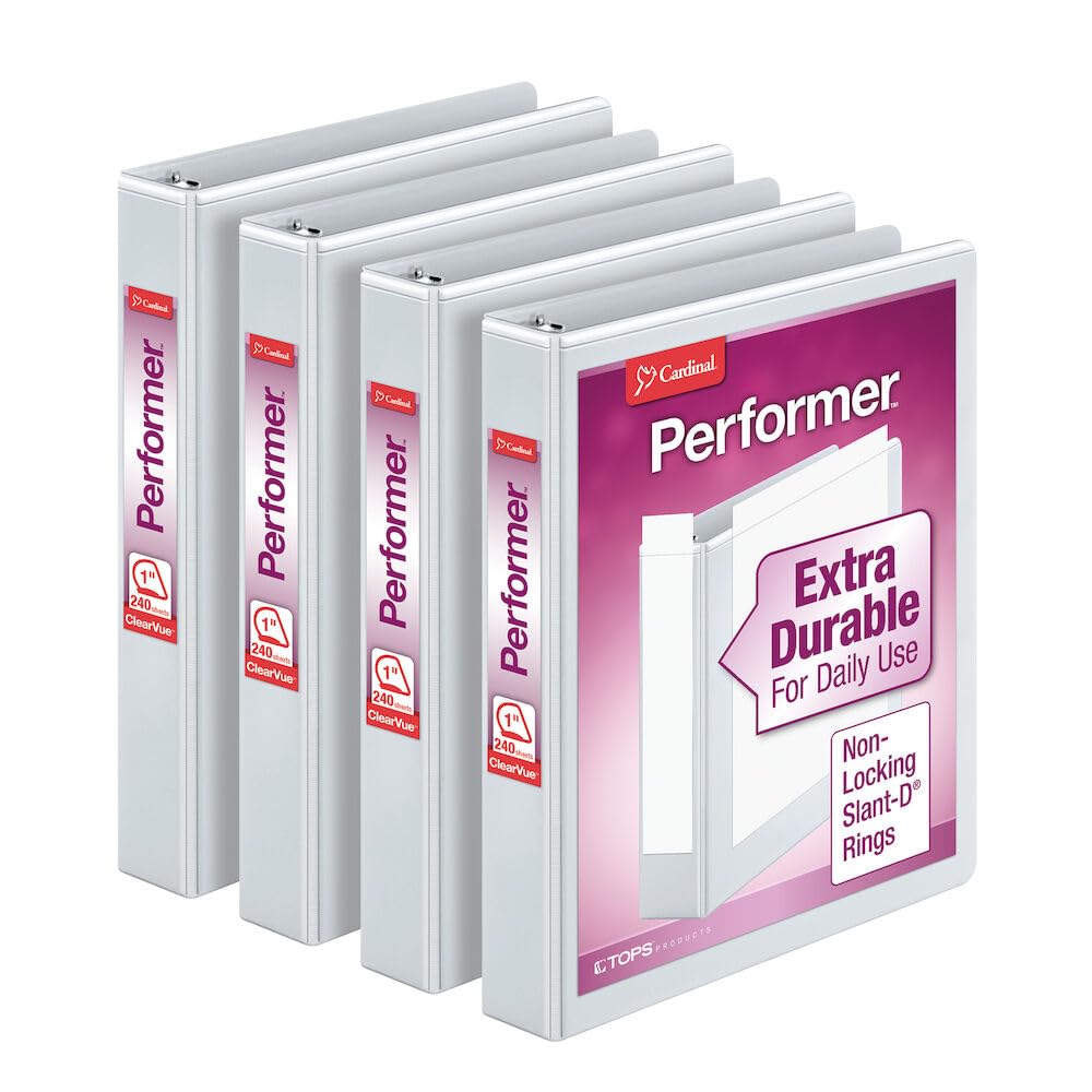 Cardinal Performer 3-Ring Binders, 1", Non-Locking Slant-D Rings, 240-Sheet Capacity, ClearVue