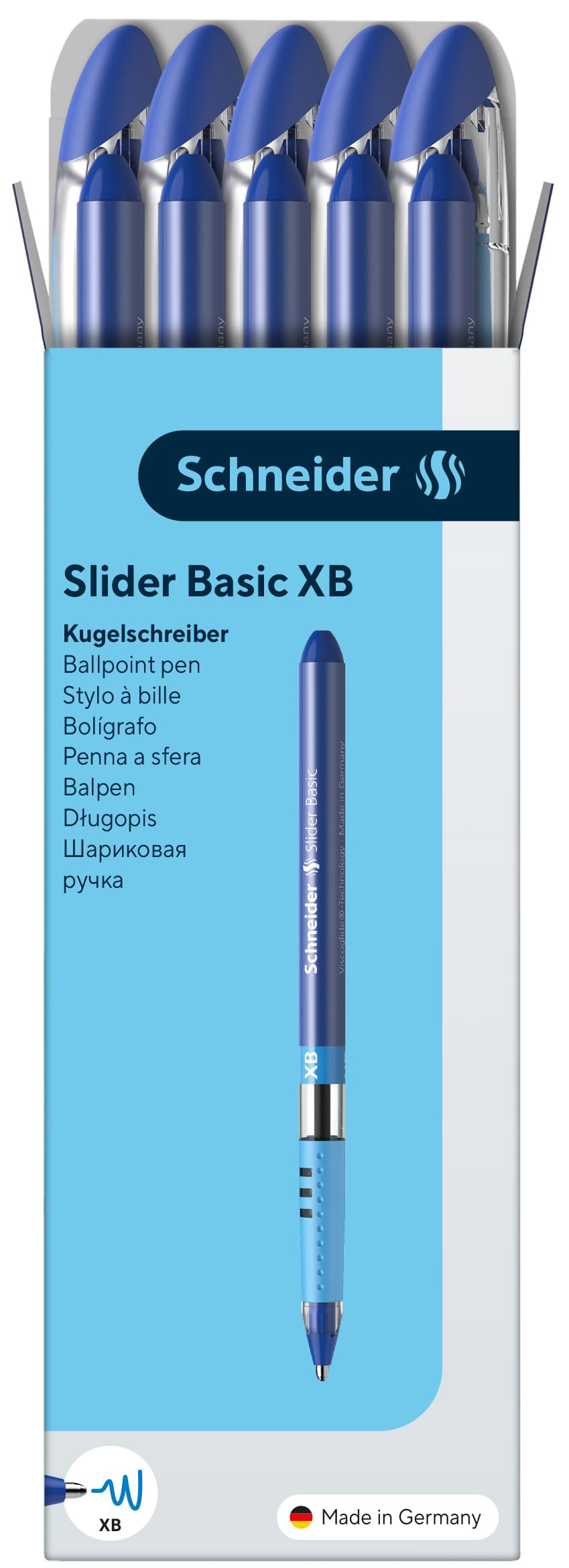 Schneider Slider Basic XB (Extra Broad) Ballpoint Pen, 1.4 mm, Transparent Barrel, Blue Ink, Box of