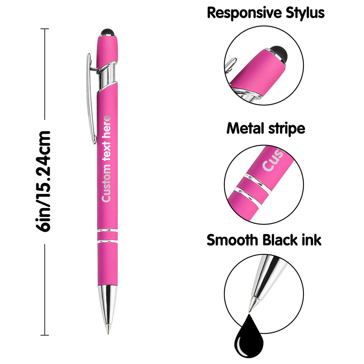 10 Pcs Personalized Pens in Bulk with Stylus Tip - Custom Print with Name 0.5 mm Soft Touch Medium
