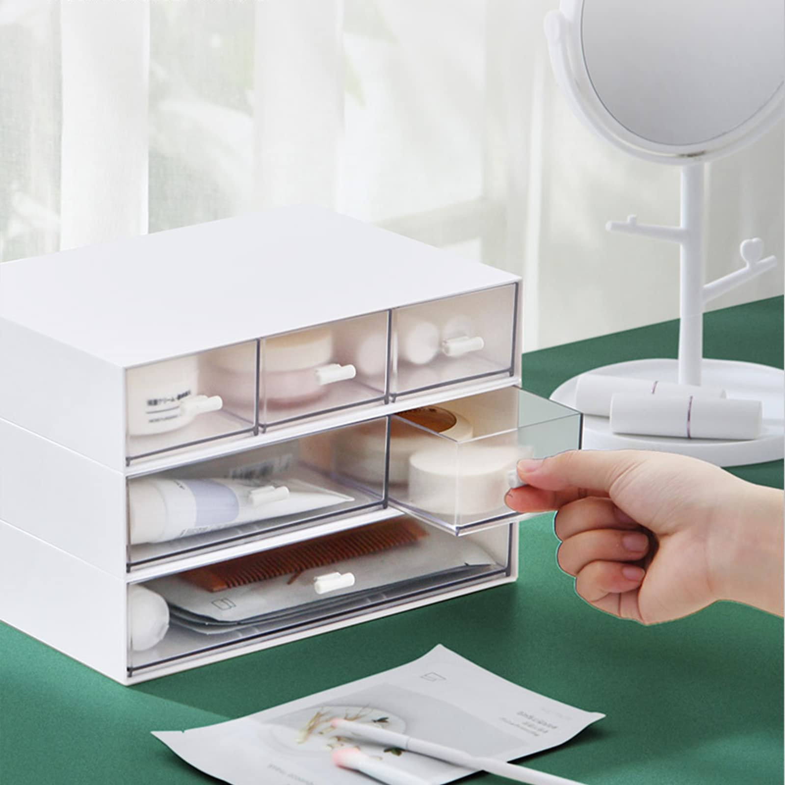 Desk Organizer-3 Tier Stackable Storage Drawers with 6 Compartments White Compact Desk Storage