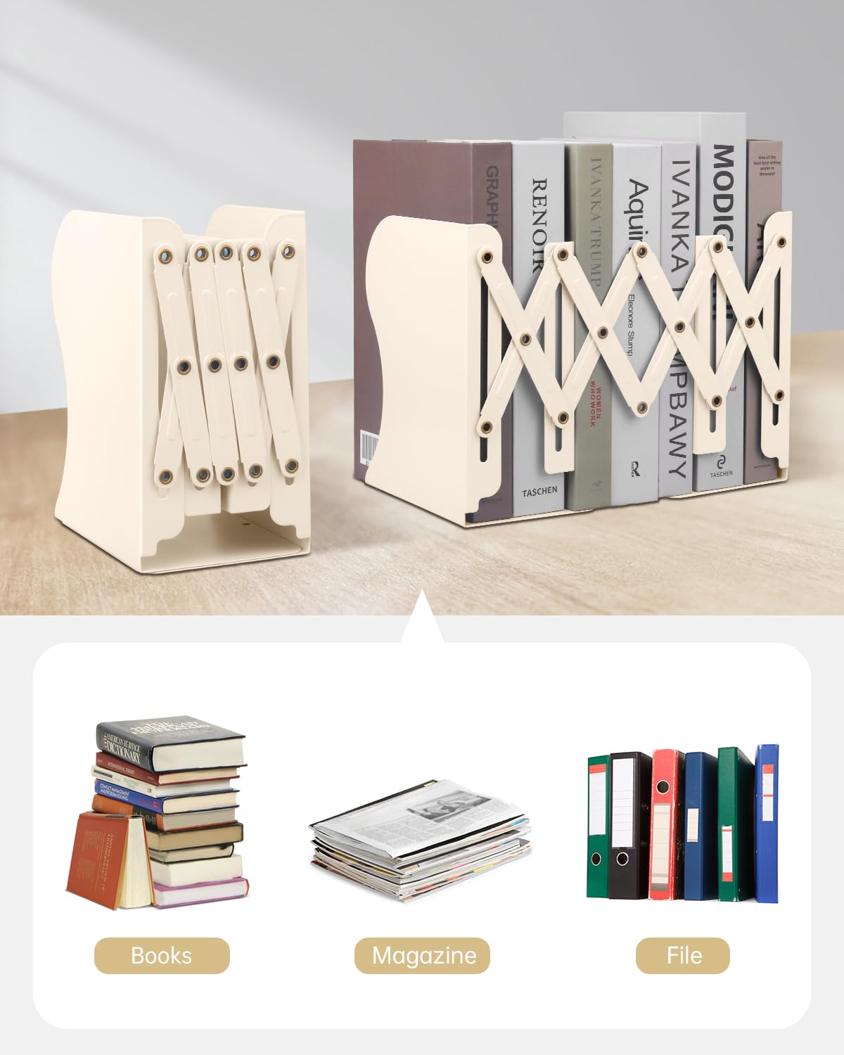 Honagu Adjustable Bookends, Metal Book Ends for Shelves Heavy Book, Desk Magazine File Organizer