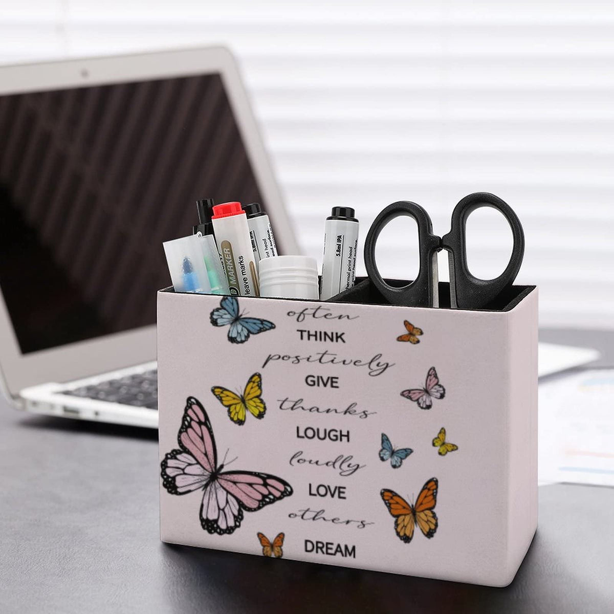 Niapessel Pencil Holder for Desk, Positive Quote Butterflies Pen Holder Storage Desktop Pen