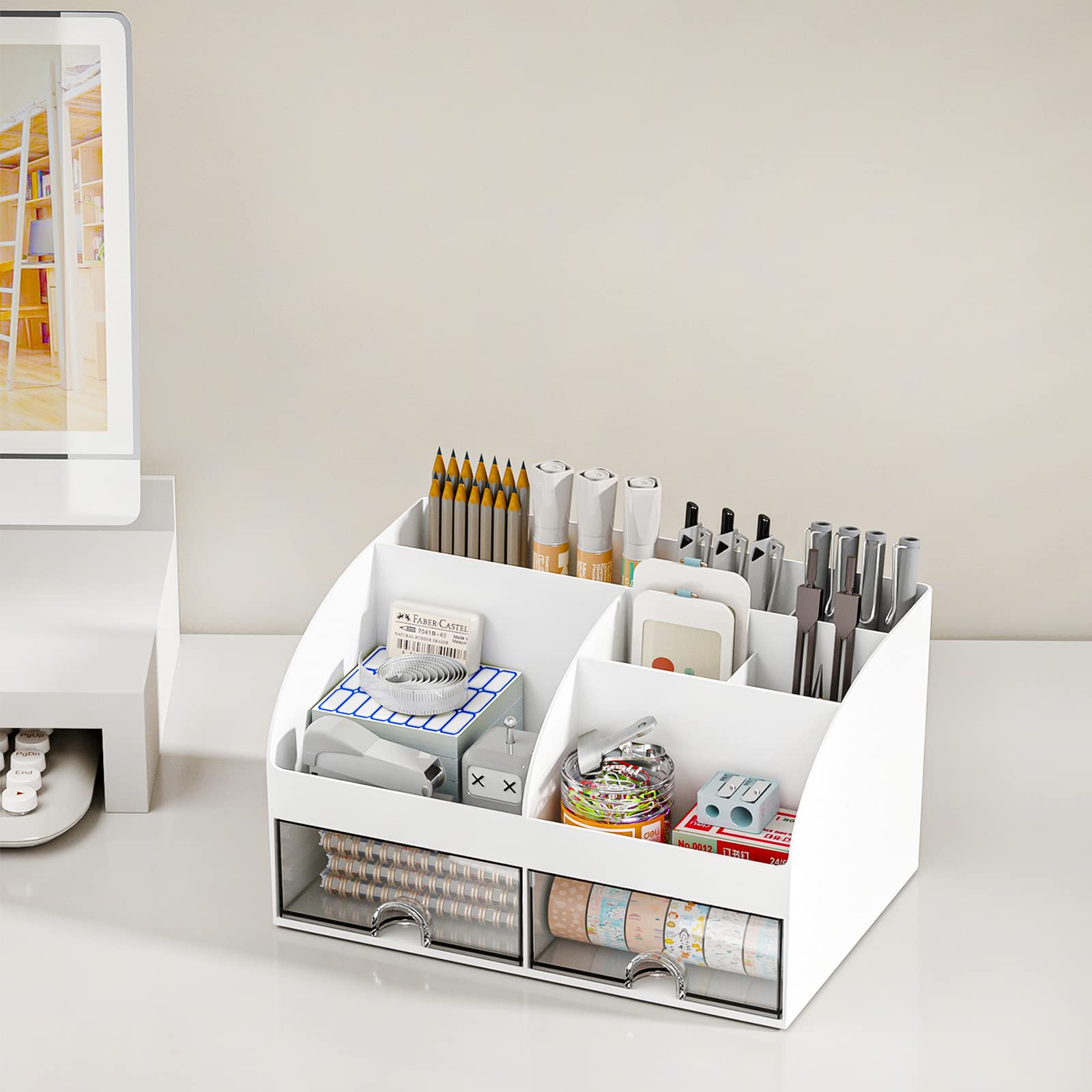 COMFYROOM Desk Organizer with 6 Compartments and 2 Drawers, Plastic Makeup Organizer, Pen Holder