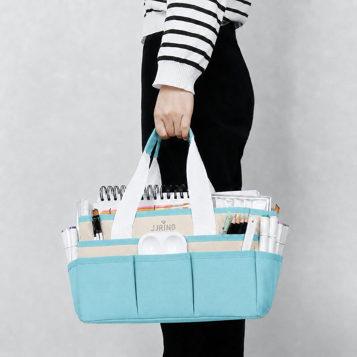 JJRING Craft Organizer Tote Bag Art Storage Caddy Sky Blue and Beige