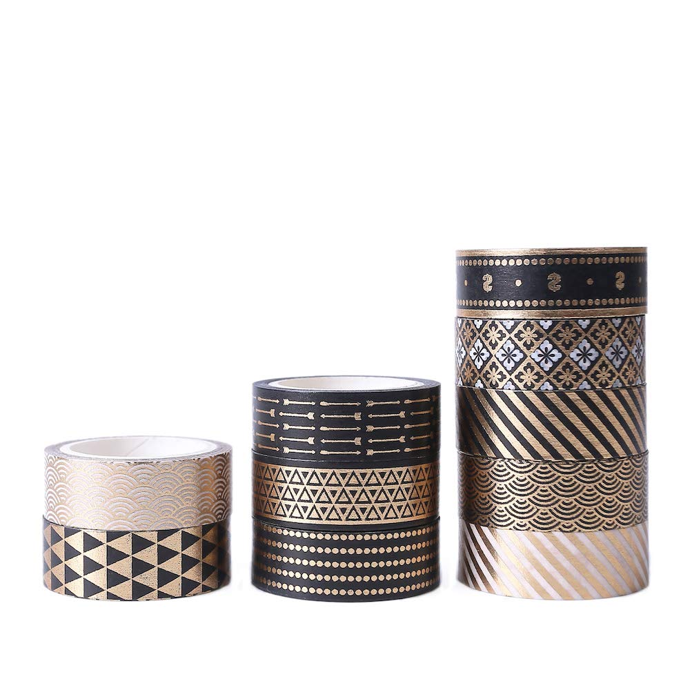 YUBBAEX 10 Rolls Washi Tape Set Black Gold Foil Print Decorative Tapes for Arts, DIY Crafts, Bullet